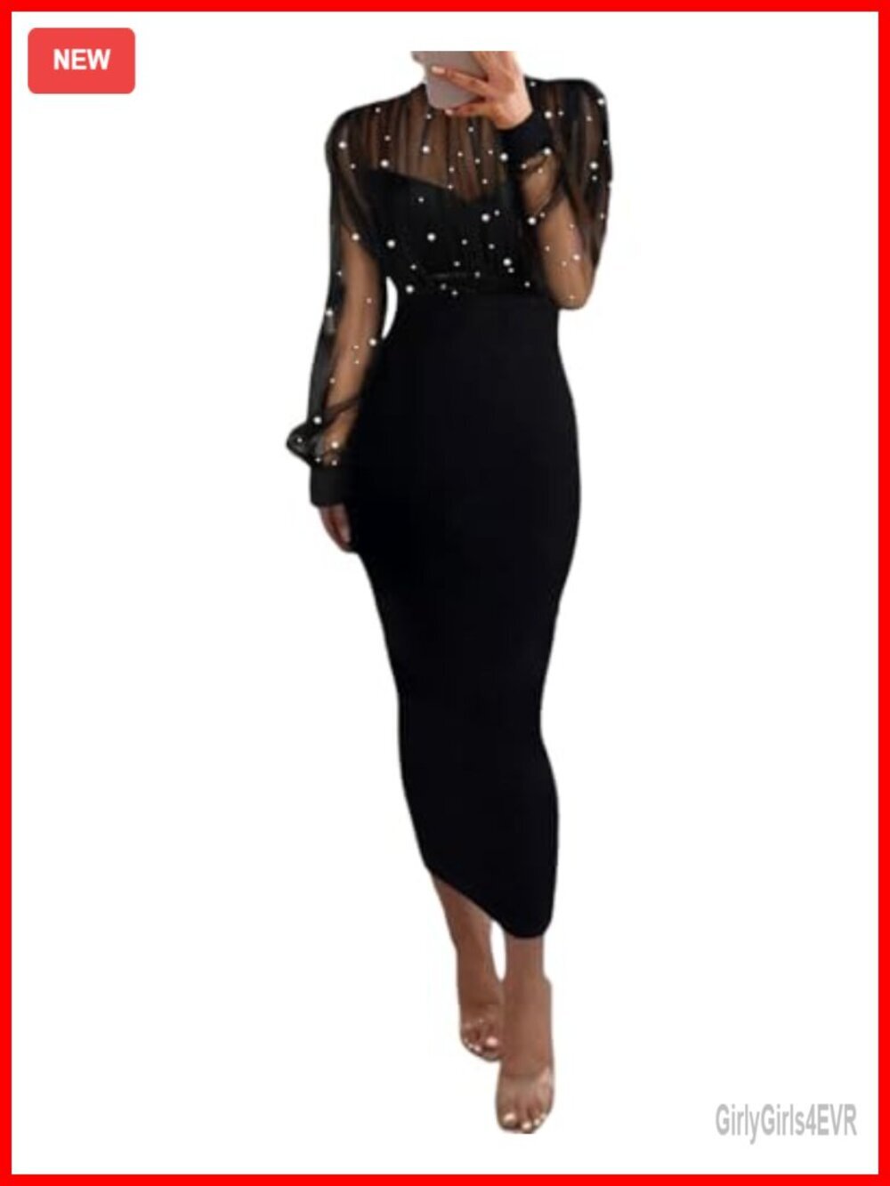 Women's Sexy Bodycon Midi Dress Mock Neck Long Sleeve Sheer Beaded Party Dress